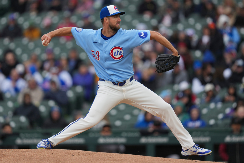 Chicago Cubs starting pitcher Colin Rea (53) throws against the Arizona Diamondbacks during the first inning of a baseball game Friday, May 1, 2026, in Chicago. (AP Photo/Erin Hooley)