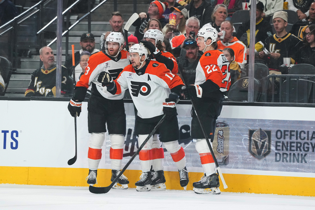 Philadelphia Flyers right wing Travis Konecny (11) celebrates his goal against the Vegas Golden Knights during the first period of an NHL hockey game Monday, Jan. 19, 2026, in Las Vegas. (AP Photo/Candice Ward)