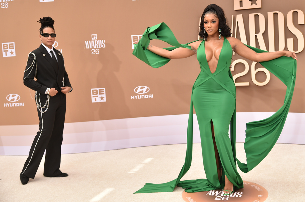 Patrice "Sway" McKinney, left, and Porsha Williams arrive at the BET Awards on Sunday, June 28, 2026, at the Peacock Theater in Los Angeles. (Photo by Richard Shotwell/Invision/AP)