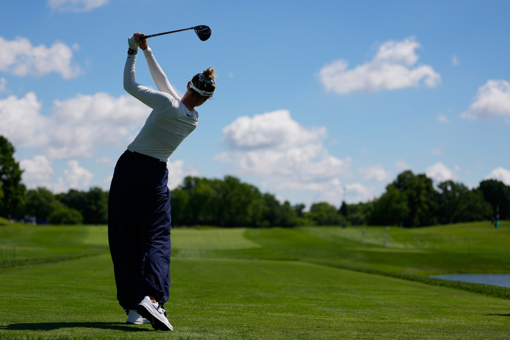 Nelly Korda watches her tee shot during a practice round prior to the Women's PGA Championship golf tournament, Wednesday, June 24, 2026, in Chaska. (AP Photo/Chris Carlson)