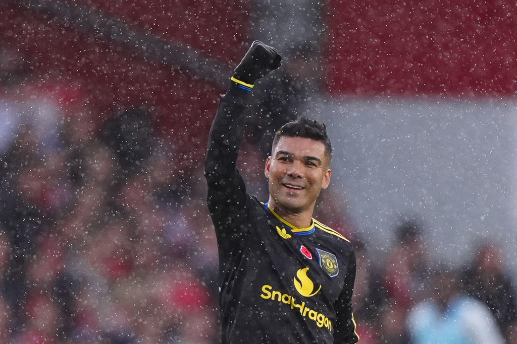 Manchester United's Casemiro celebrates scoring during the English Premier League match between Nottingham Forest and Manchester United in Nottingham, England, Saturday Nov. 1, 2025. (Bradley Collyer/PA via AP)