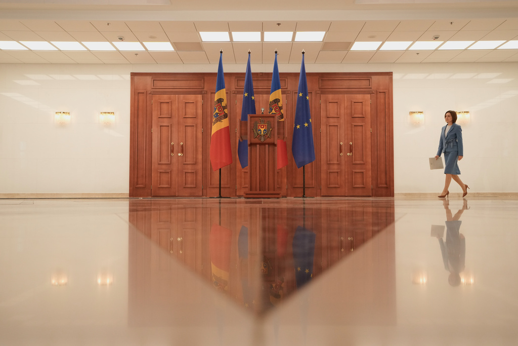 Moldova's President Maia Sandu arrives for a press conference after the parliamentary election, in Chisinau, Moldova, Monday, Sept. 29, 2025. (AP Photo/Vadim Ghirda)