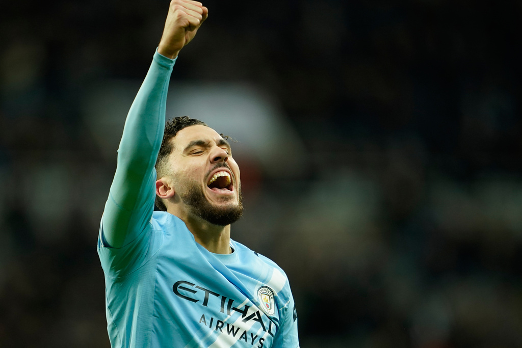 Manchester City's Rayan Cherki celebrates after scoring his side's second goal during the English League Cup semifinal first leg soccer match between Newcastle and Manchester City in Newcastle, England, Tuesday, Jan. 13, 2026. (AP Photo/Dave Thompson)