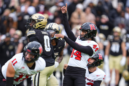 Rutgers kicker Jai Patel (44) celebrates a game-winning field goal against Purdue during the second half of an NCAA college football game in West Lafayette, Ind., Saturday, Oct. 25, 2025. (AP Photo/Michael Conroy) Rutgers kicker Jai Patel (44) celebrates a game-winning field goal against Purdue during the second half of an NCAA college football game in West Lafayette, Ind., Saturday, Oct. 25, 2025. (AP Photo/Michael Conroy)