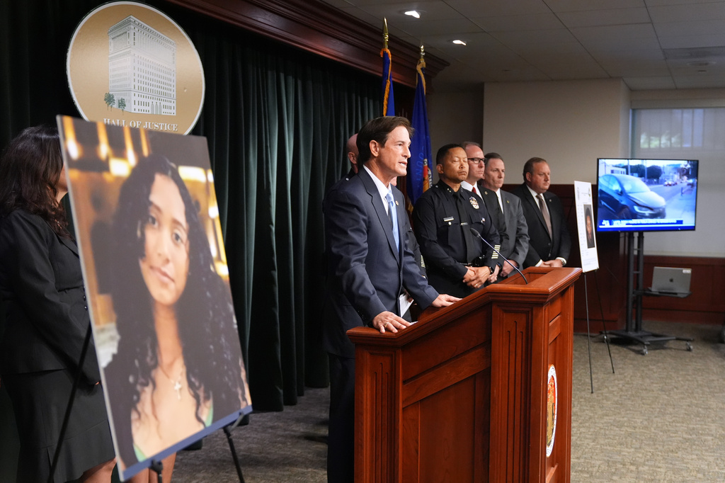 Los Angeles district attorney Nathan Hochman answers questions Monday, April 20, 2026, in Los Angeles regarding the case of singer D4vd, who was charged on suspicion of killing a 14-year-old girl whose dismembered body was found in his car. (AP Photo/Damian Dovarganes)