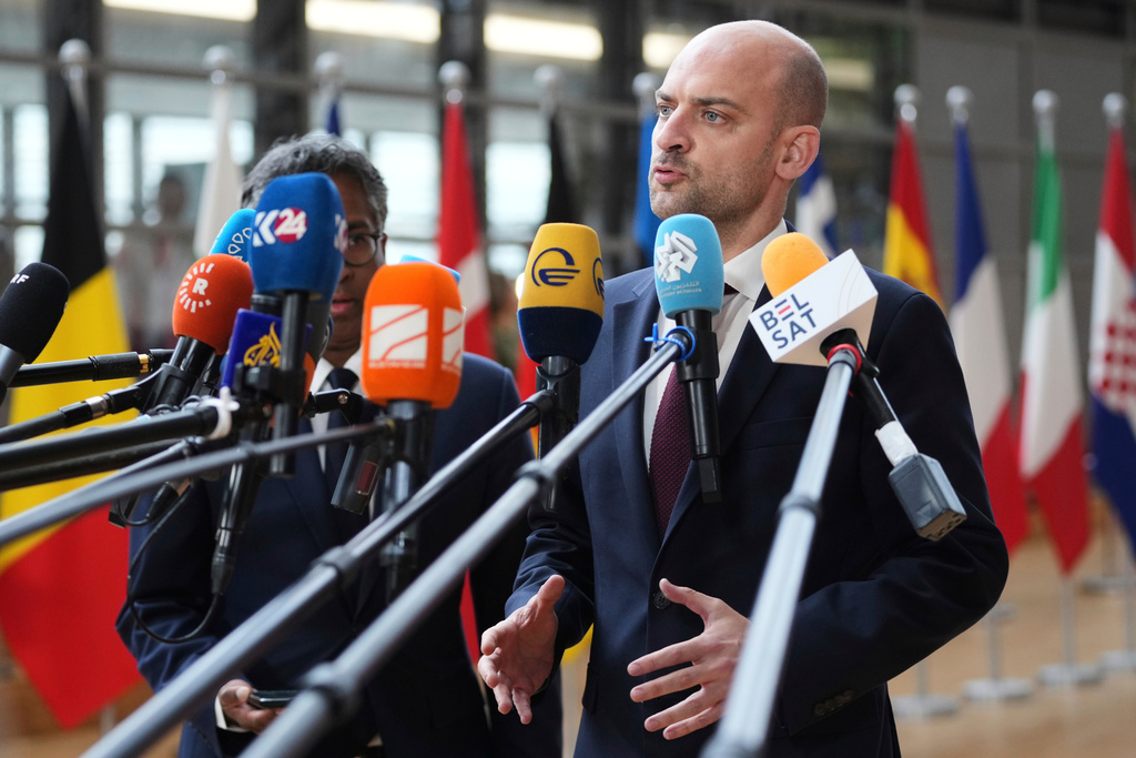 FILE - French Foreign Minister Jean-Noel Barrot speaks with the media as he arrives for a meeting of EU foreign ministers at the European Council building in Brussels, June 23, 2025. (AP Photo/Virginia Mayo, File)