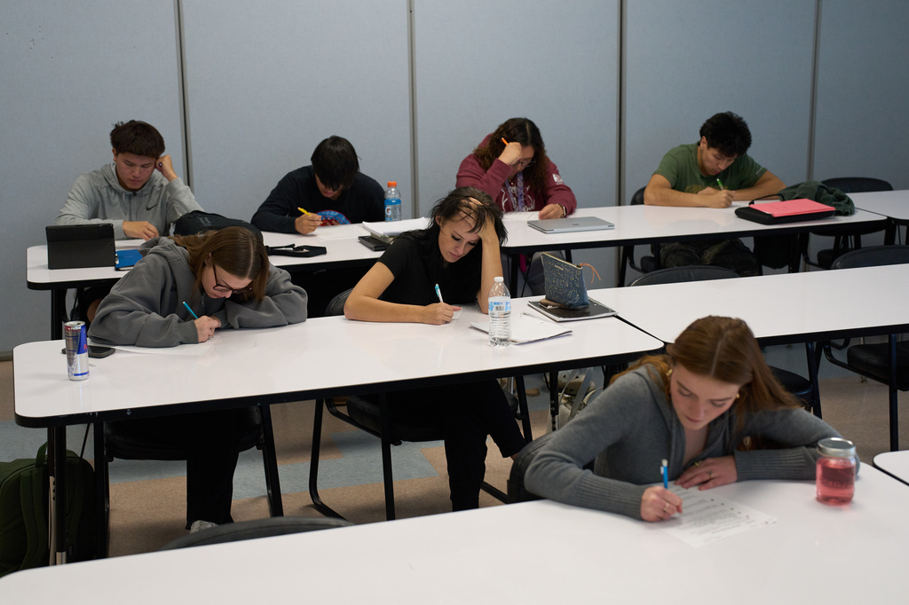 FILE - Students take a test during a class at Nueta Hidatsa Sahnish College, Thursday, Oct. 30, 2025, in New Town, N.D. (AP Photo/John Locher, File)