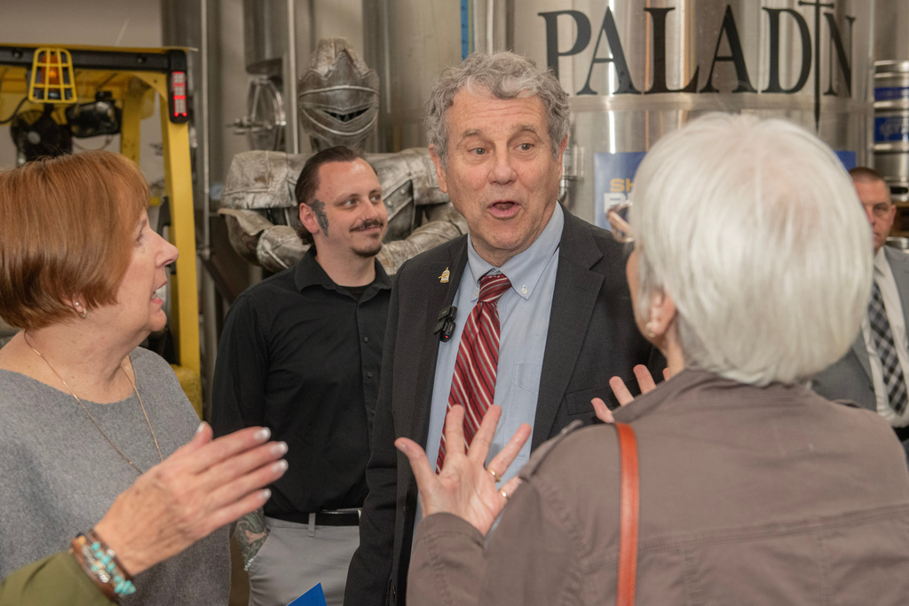 Former Democratic Sen. Sherrod Brown speaks to supporters during a campaign event ahead of primary elections at the Paladin Brewery in Austintown, Ohio, Thursday, April, 30, 2026. (AP Photo/Phil Long)