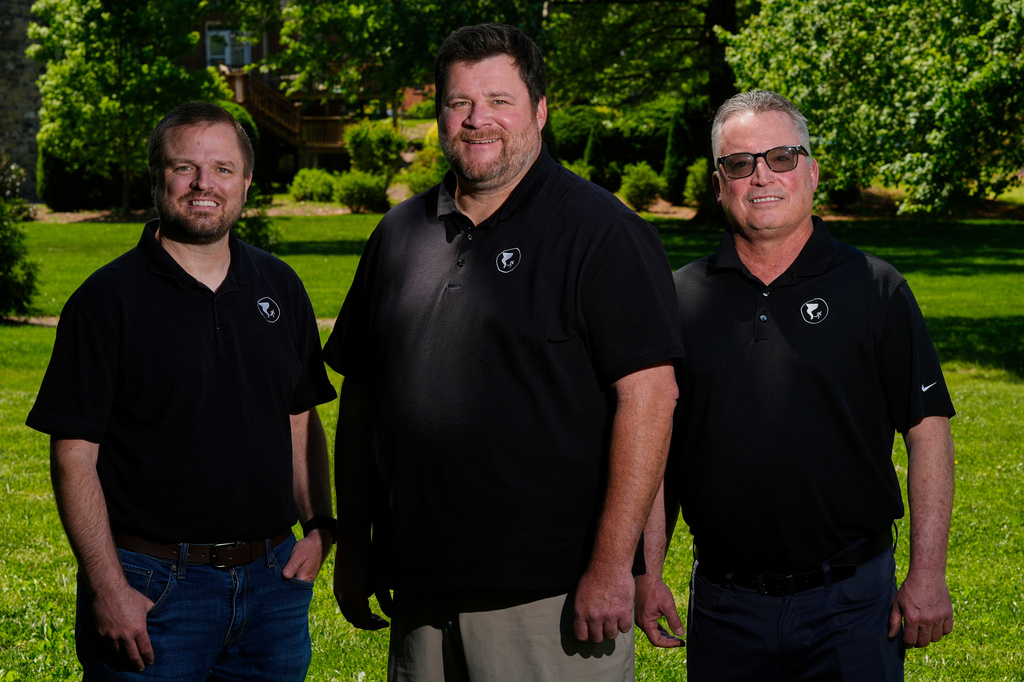 Andrew Leeper, left, Will Minkoff and Tom Johnstone, right, of Nashville Severe Weather, pose for a portrait Monday, April 20, 2026, in Nashville, Tenn. (AP Photo/George Walker IV)