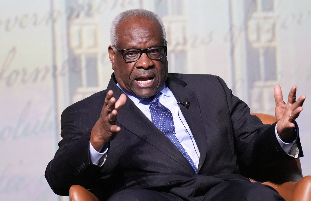 FILE - U.S. Supreme Court Associate Justice Clarence Thomas answers questions during a visit to the University of Texas at Austin, in Austin, Texas, April 15, 2026. (AP Photo/Eric Gay, File)