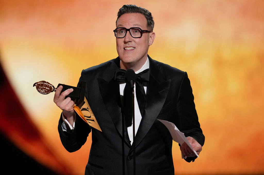 Dane Laffrey accepts the award for best scenic design of a musical for "The Lost Boys" during the 79th Tony Awards on Sunday, June 7, 2026, at Radio City Music Hall in New York. (Photo by Charles Sykes/Invision/AP)