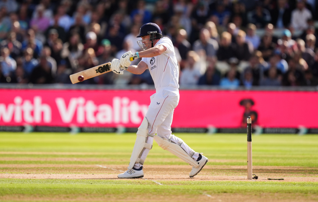 England's Dan Lawrence bats on day two of the third cricket Test between England and Pakistan in Birmingham, England, Thursday Sept. 10, 2026. (Mike Egerton/PA via AP)