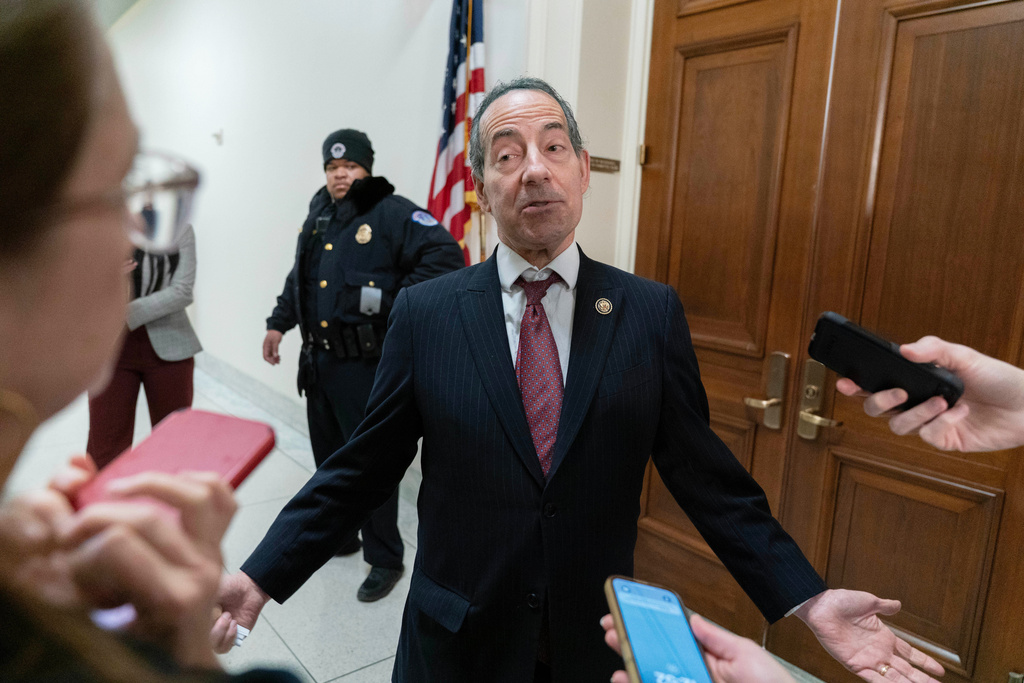 Ranking Member of the House Judiciary Committee Rep. Jamie Raskin, D-Md., talks to reporters during a break as house members question former Department of Justice Special Counsel Jack Smith in a closed-door interview at Capitol Hill, Wednesday, Dec. 17, 2025, in Washington. (AP Photo/Jose Luis Magana)