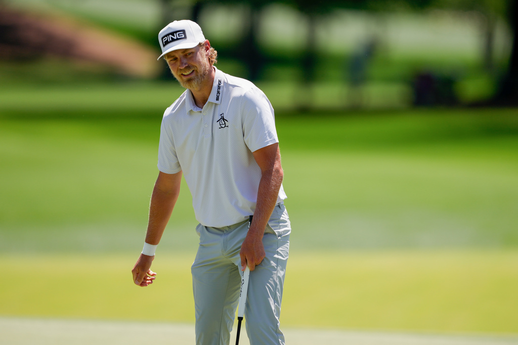 Kristoffer Reitan, of Norway, reacts after a putt on the second hole during the final round of the Truist Championship golf tournament at the Quail Hollow Club, Sunday, May 10, 2026, in Charlotte, N.C. (AP Photo/Chris Carlson)