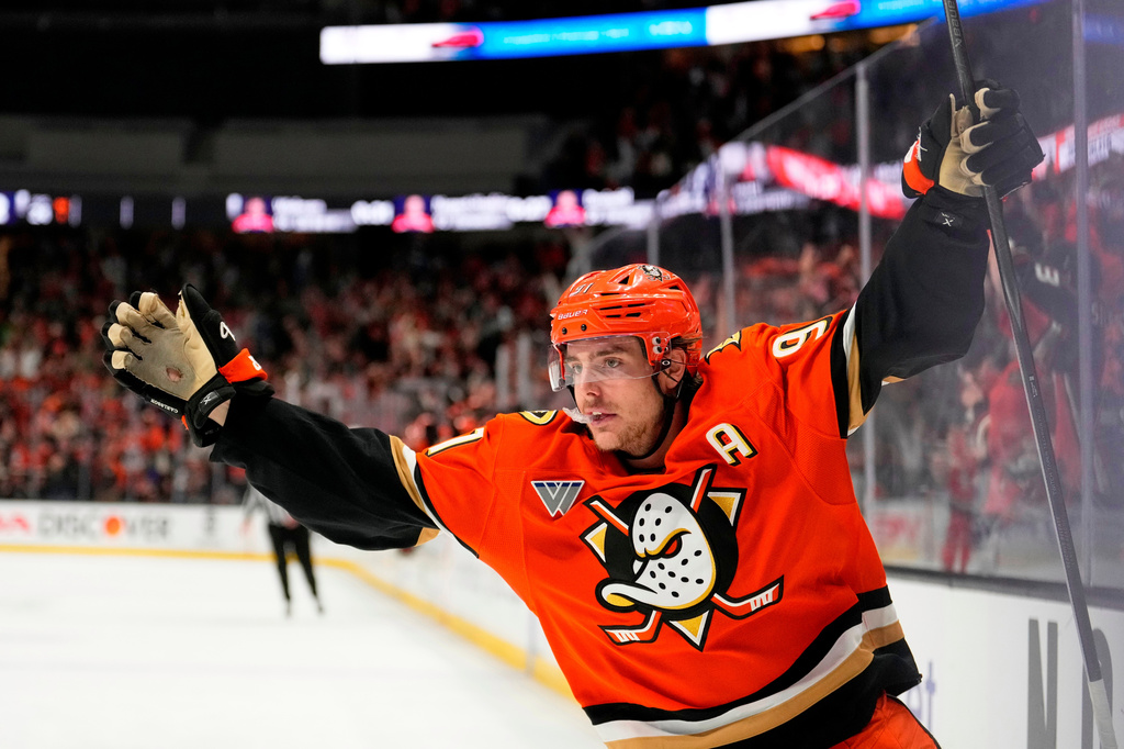 FILE - Anaheim Ducks center Leo Carlsson celebrates his empty net goal during the third period of Game 6 in the first round of the NHL hockey Stanley Cup playoffs series against the Edmonton Oilers, April 30, 2026, in Anaheim, Calif. (AP Photo/Mark J. Terrill, File)