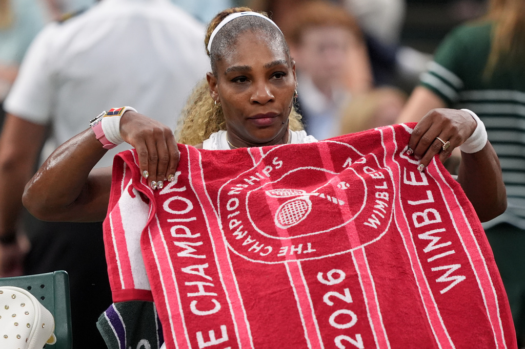 Serena Williams of the United States sits during a changeover in her first round women's singles match against Maya Joint of Australia, at the Wimbledon Tennis Championships in London, Tuesday, June 30, 2026. (AP Photo/Maja Smiejkowska)