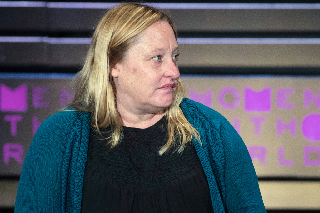 FILE - Heidi Beirich, of the Southern Poverty Law Center, speaks during the Women in the World Summit at Lincoln Center in New York, April 6, 2017. (AP Photo/Mary Altaffer, File)
