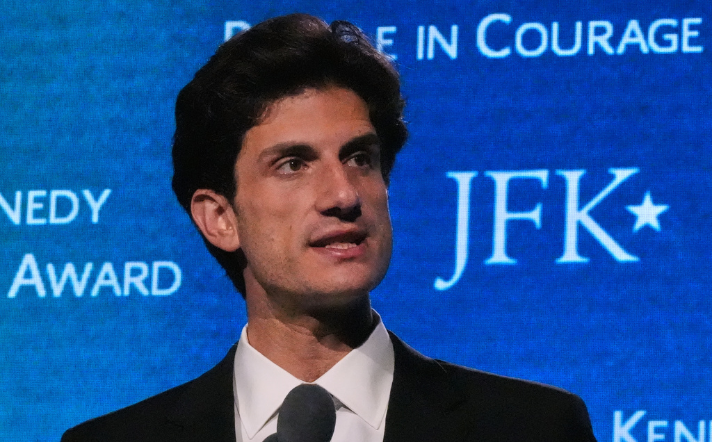 Jack Schlossberg, grandson of former President John F. Kennedy, addresses a gathering during the Profile in Courage Award ceremony at the John F. Kennedy Presidential Library, Sunday, May 31, 2026, in Boston. (AP Photo/Charles Krupa)