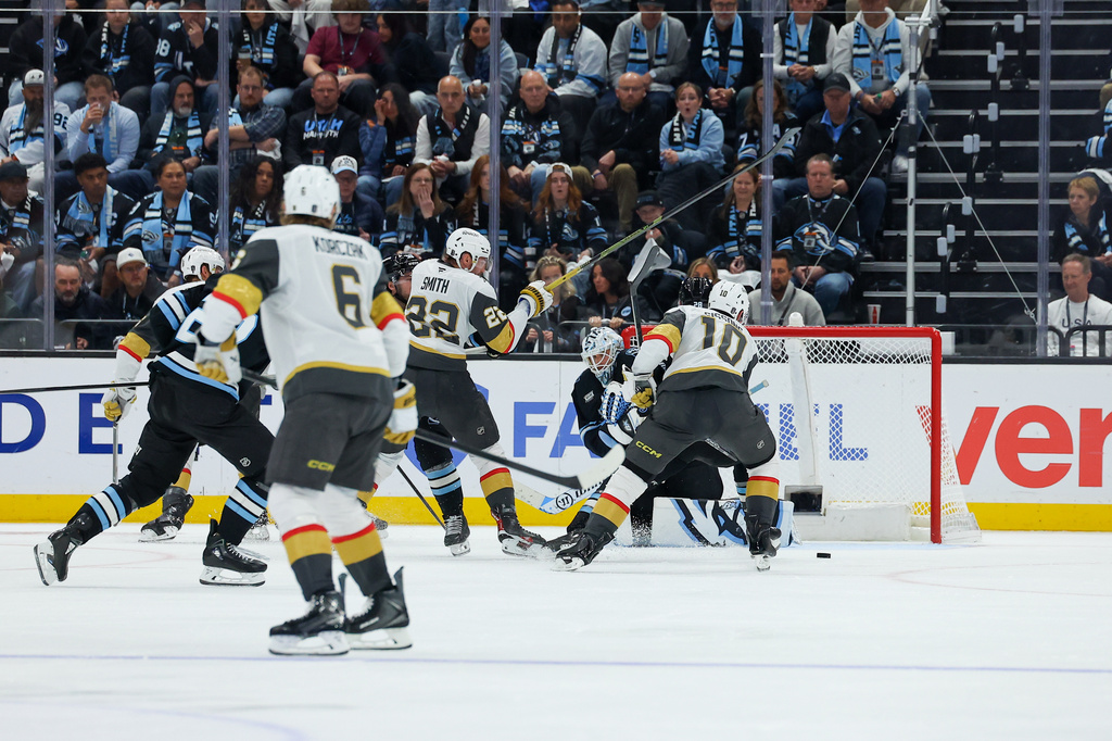 Vegas Golden Knights center Colton Sissons (10) scores the goal against Utah Mammoth goaltender Karel Vejmelka (70) during the third period of Game 6 in the first round of an NHL hockey Stanley Cup playoff series, Friday, May 1, 2026, in Salt Lake City. (AP Photo/Melissa Majchrzak)
