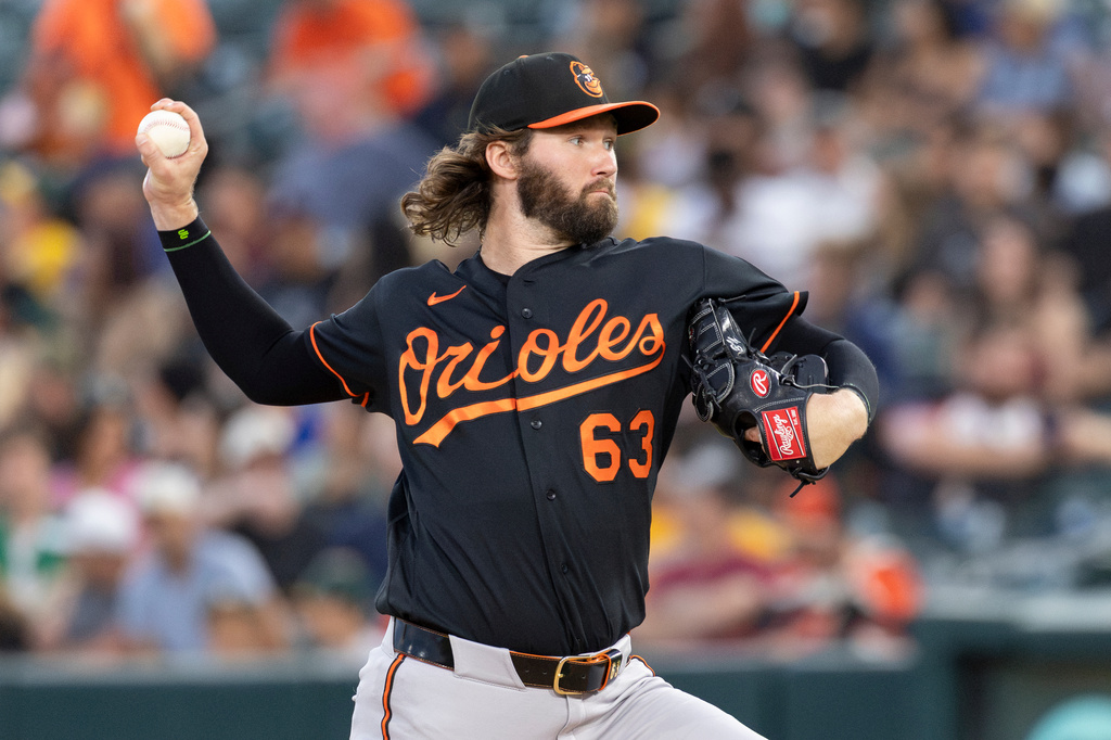 Baltimore Orioles pitcher Brandon Young throws to the Athletics during the second inning of a baseball game Friday, Aug. 28, 2026, in West Sacramento, Calif. (AP Photo/Sara Nevis)