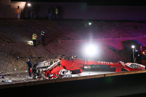 A medical helicopter is shown after it crashed on Highway 50 Monday, Oct. 6, 2025, in Sacramento, Calif. (AP Photo/Scott Marshall) A medical helicopter is shown after it crashed on Highway 50 Monday, Oct. 6, 2025, in Sacramento, Calif. (AP Photo/Scott Marshall)