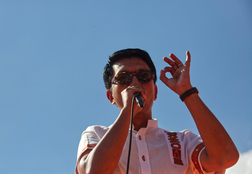 FILE - President, Andry Rajoelina, addresses supporters at an election rally in Antananarivo, Sunday Nov. 12, 2023. (AP Photo/Alexander Joe, File)
