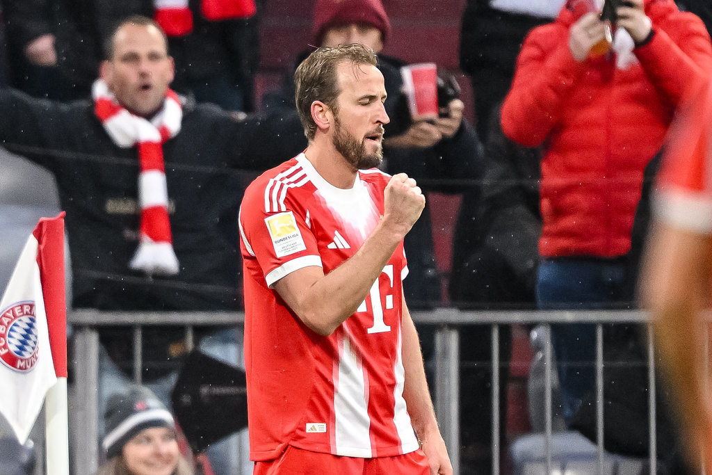 Bayern Munich's Harry Kane celebrates scoring during the Bundesliga soccer match between Bayern Munich and Eintracht Frankfurt in Munich, Germany, Saturday Feb. 21, 2026. (Harry Langer/dpa via AP)