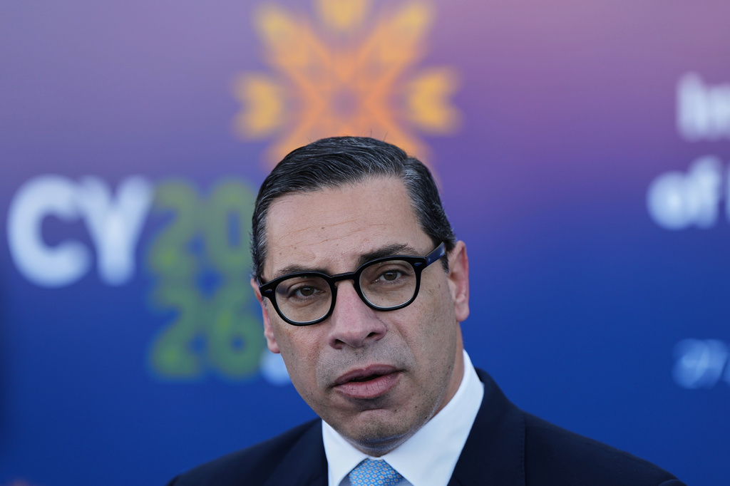 Cypriot Foreign Minister Constantinos Kombos talks to the media during the Informal meeting of Foreign ministers, in the port city of Limassol, Cyprus, Thursday, May 28, 2026. (AP Photo/Petros Karadjias)