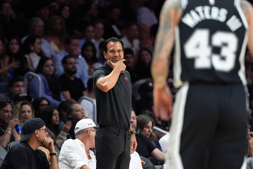 Miami Heat head coach Erik Spoelstra reacts during the second half of a preseason NBA basketball game against the San Antonio Spurs, Wednesday, Oct. 8, 2025, in Miami. (AP Photo/Rebecca Blackwell)