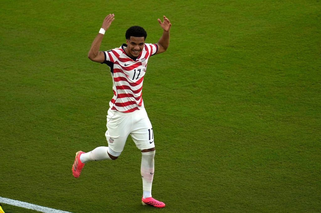 United States' Malik Tillman (17) celebrates after scoring his side's second goal during the World Cup round of 32 soccer match between the United States and Bosnia in Santa Clara, Calif., near San Francisco, Wednesday, July 1, 2026. (AP Photo/Jeff Chiu)