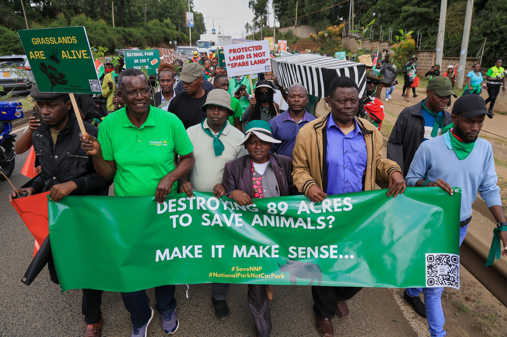 Protesters carry placards during a demonstration against plans they say would affect wildlife habitat in Nairobi National Park in Nairobi, Kenya, Monday, June 8, 2026. (AP Photo/Andrew Kasuku)