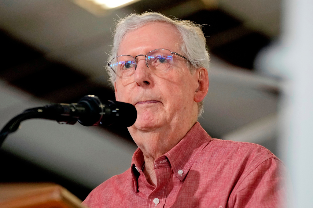 FILE - Sen. Mitch McConnell, R-Ky., speaks at an event, Aug. 2, 2025, in Fancy Farm, Ky. (AP Photo/Mark Humphrey, File)