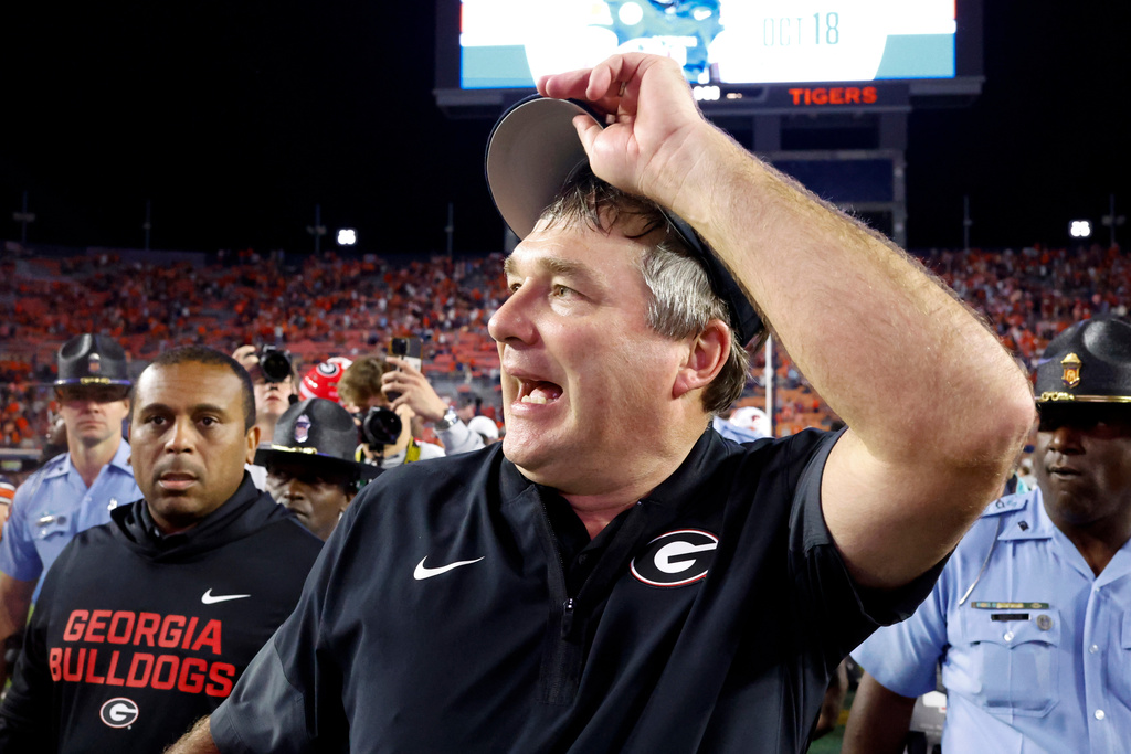 Georgia head coach Kirby Smart reacts after a win over Auburn in an NCAA college football game, Saturday, Oct. 11, 2025, in Auburn, Ala. (AP Photo/Butch Dill)