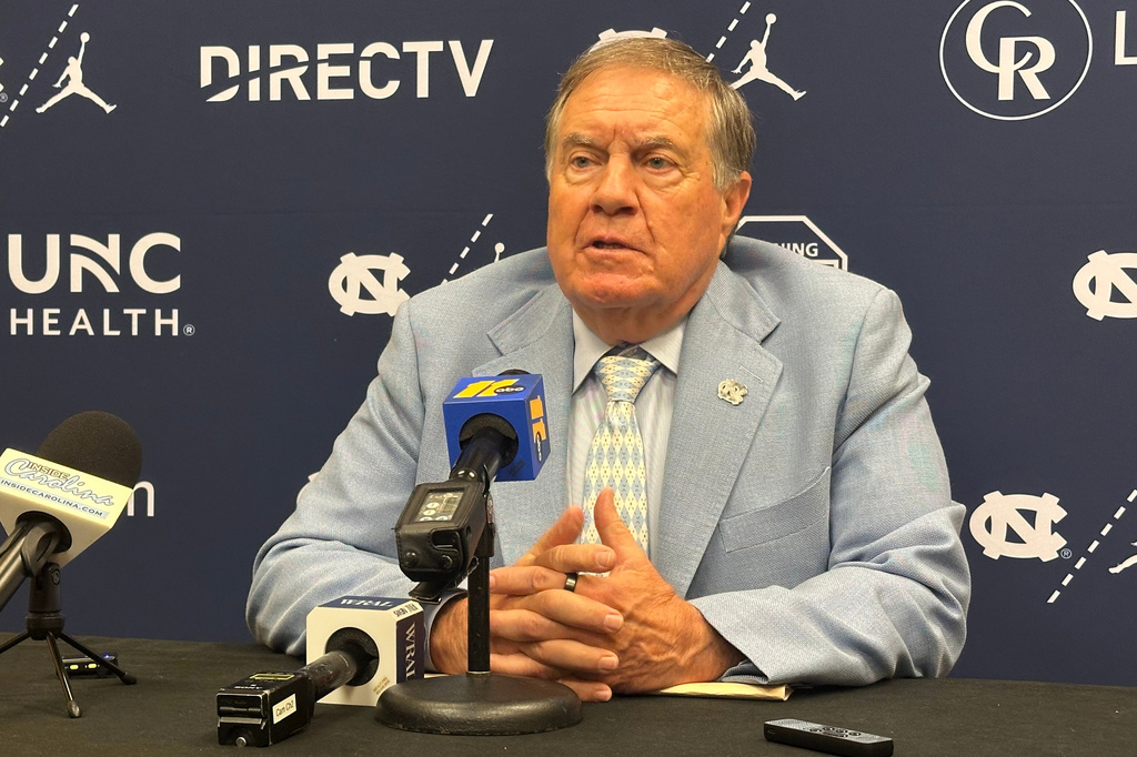 UNC coach Bill Belichick speaks during the ACC Kickoff preseason NCAA College football media day on Friday, July 17, 2026 in Charlotte, N.C. (AP Photo/Aaron Beard)