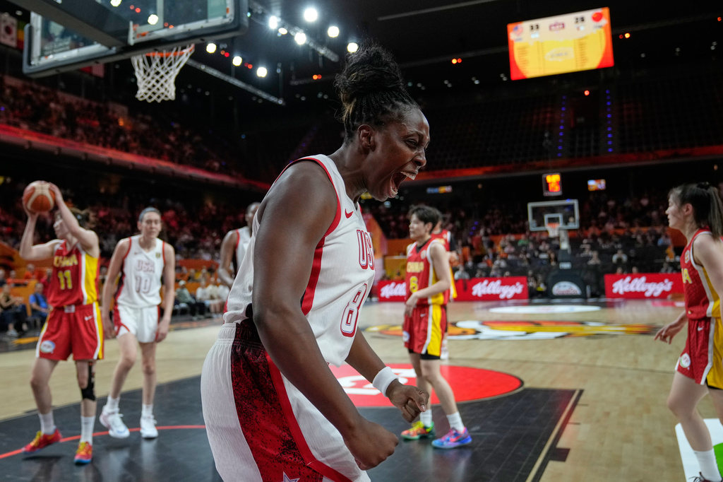 United States' Chelsea Gray reacts during the Women's Basketball World Cup match between China and the United States in Berlin, Friday, Sept. 4, 2026. (AP Photo/Ebrahim Noroozi)