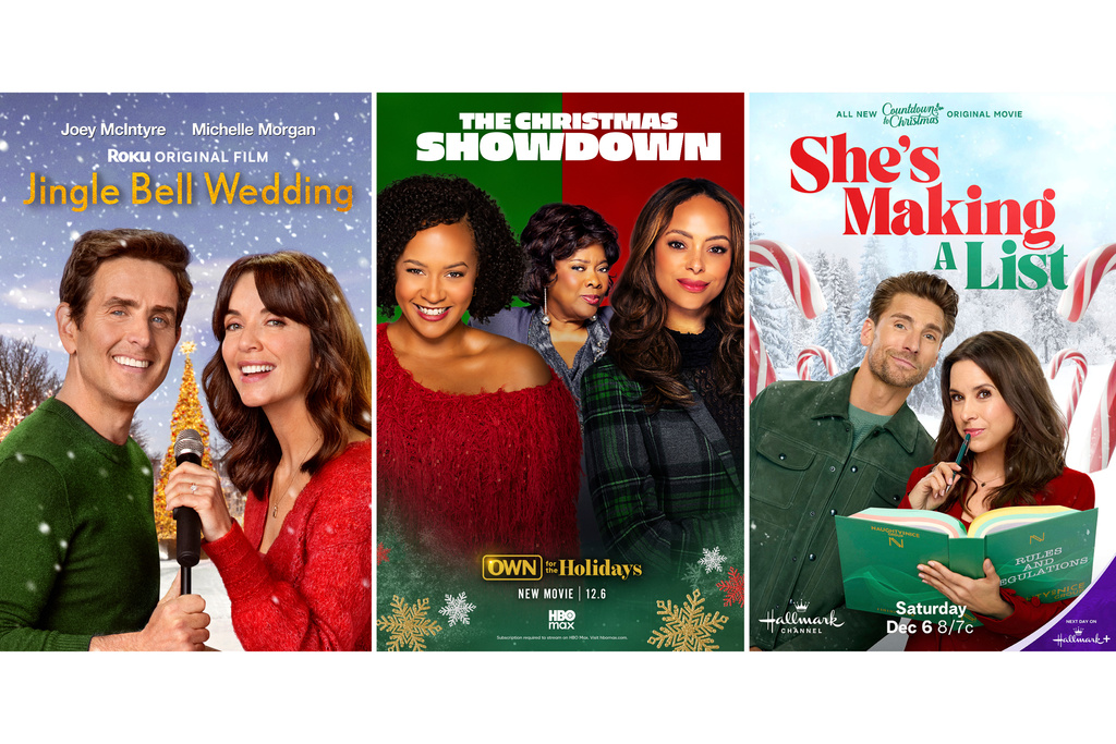This combination of photos shows promotional art for holiday films "Jingle Bell Wedding," from left, "The Christmas Showdown," and "She's Making a List." (Roku/OWN/Hallmark Channel via AP)