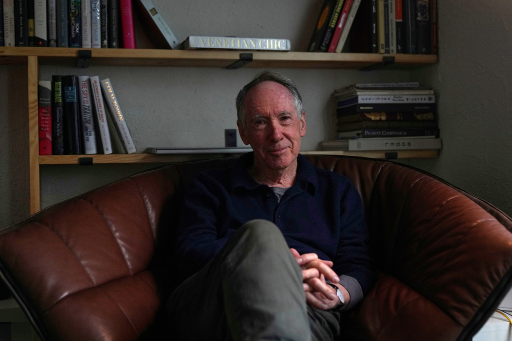 Ian McEwan, British novelist and screenwriter, gestures as he speaks to press during an interview in London, Friday, Sept. 12, 2025. (AP Photo/Joanna Chan)