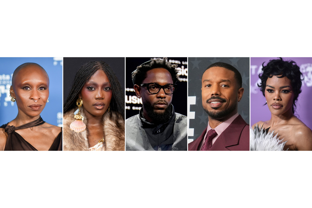 This combination of images shows, from left, Cynthia Erivo, Doechii, Kendrick Lamar, Michael B. Jordan, and Teyana Taylor. (AP Photo)