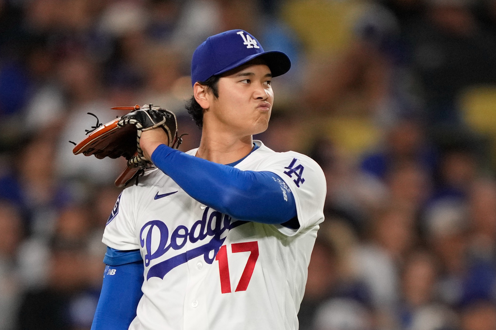 Los Angeles Dodgers starting pitcher Shohei Ohtani reacts after Miami Marlins' Connor Norby flied out during the fourth inning of a baseball game Tuesday, April 28, 2026, in Los Angeles. (AP Photo/Mark J. Terrill)
