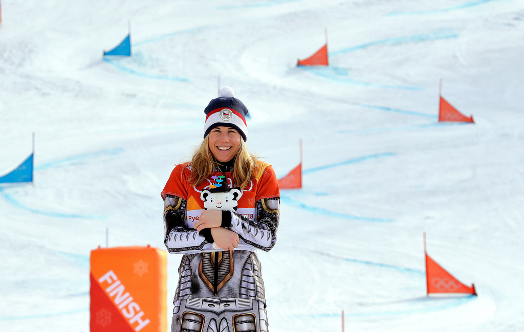 FILE -Gold medal winner Ester Ledecka, of the Czech Republic, celebrates after the women's parallel giant slalom at Phoenix Snow Park at the 2018 Winter Olympics in Pyeongchang, South Korea, Saturday, Feb. 24, 2018. (AP Photo/Lee Jin-man, File)