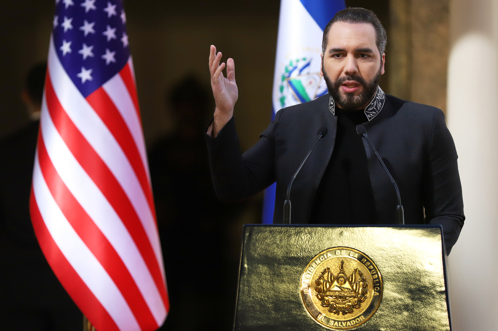 FILE - El Salvador's President Nayib Bukele speaks at the National Palace as he hosts a meeting with U.S. congresspeople in San Salvador, El Salvador, Jan. 19, 2026. (AP Photo/Salvador Melendez, File)