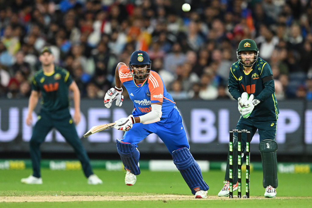 India's Harshit Rana, center, bats against Australia during their T20 cricket match in Melbourne, Australia, Friday, Oct. 31, 2025. (James Ross/AAP Image via AP)