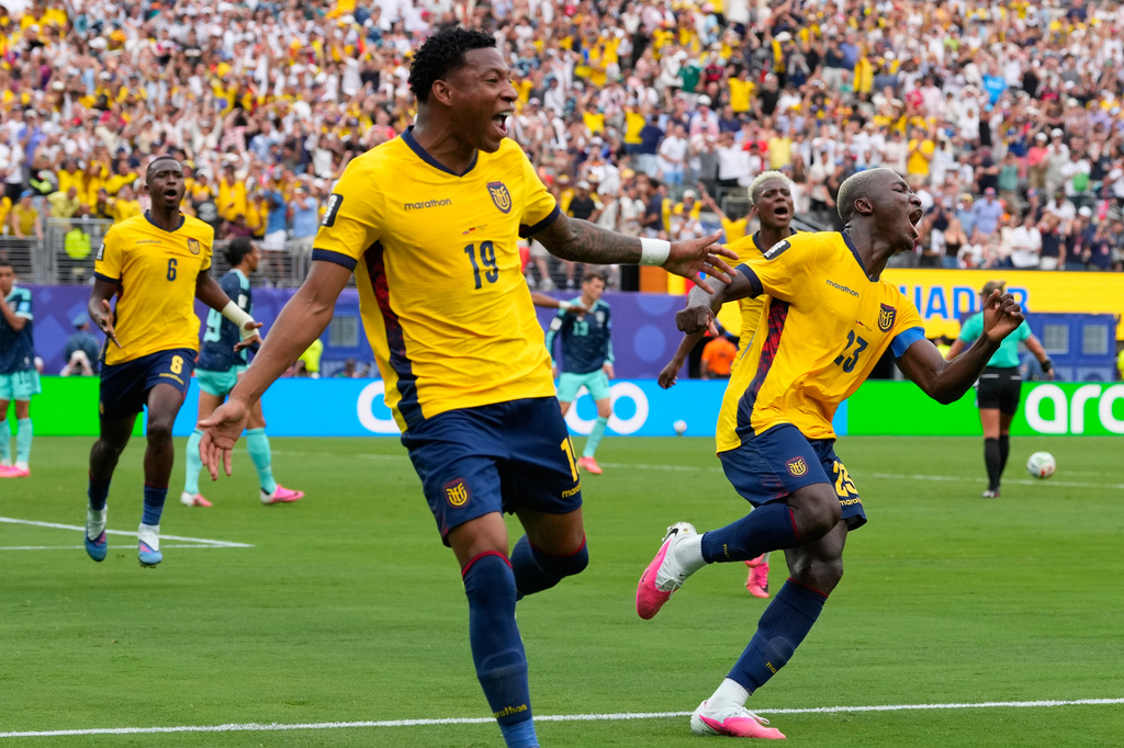 Ecuador's Gonzalo Plata (19) celebrates scoring his side's second goal against Germany during the World Cup Group E soccer match in East Rutherford, N.J., near New York, Thursday, June 25, 2026. (AP Photo/Yuki Iwamura)
