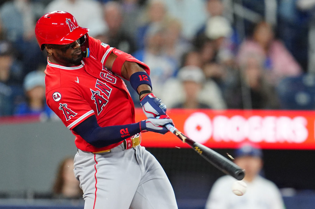 Los Angeles Angels' Jorge Soler grounds out with a broken bat during the top of the first inning of a baseball game against the Toronto Blue Jays in Toronto, Sunday, May 10, 2026. (Frank Gunn/The Canadian Press via AP)