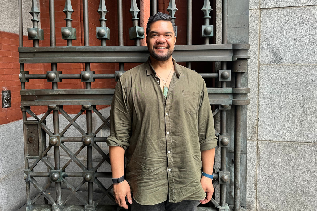 Samoan tenor Pene Pati poses outside of the Park Avenue Armory in New York on Sept. 25, 2025. (AP Photo/Ron Blum)