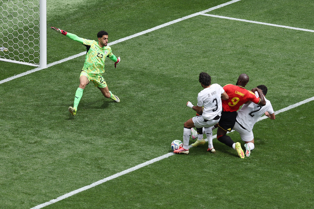 Egypt's Mohamed Hany (3) scores an own goal during the World Cup Group G soccer match between Belgium and Egypt in Seattle, Monday, June 15, 2026. (AP Photo/Maddy Grassy)