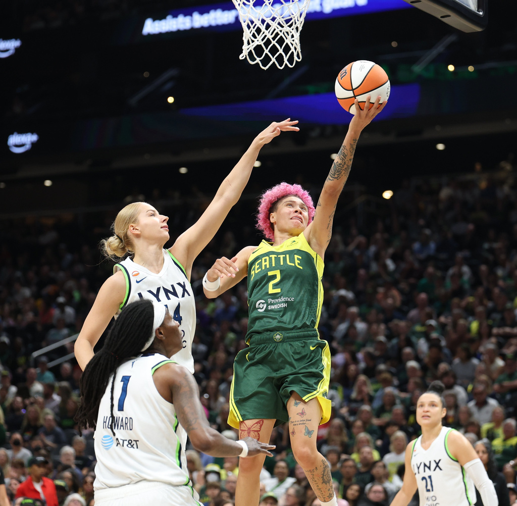 Seattle Storm guard Natisha Hiedeman (2) goes for a layup against the Minnesota Lynx during the first half of a WNBA basketball game Monday, July 20, 2026 in Seattle. (Dean Rutz/The Seattle Times via AP)