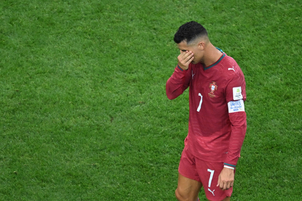 Portugal's Cristiano Ronaldo (7) reacts after the end of the World Cup round of 16 soccer match between Portugal and Spain in Arlington, Texas, near Dallas, Monday, July 6, 2026. (AP Photo/Jessica Tobias)