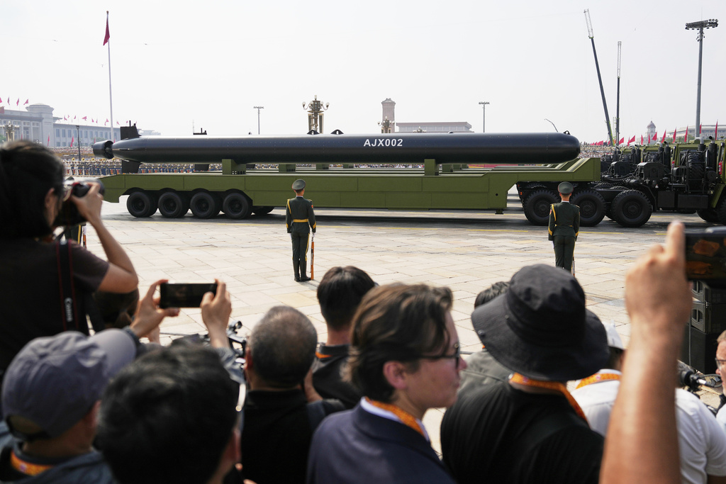A AJX002 underwater drone passes in the military parade to commemorate the 80th anniversary of Japan's World War II surrender held in front of Tiananmen Gate in Beijing, Wednesday, Sept. 3, 2025. (AP Photo/Ng Han Guan)