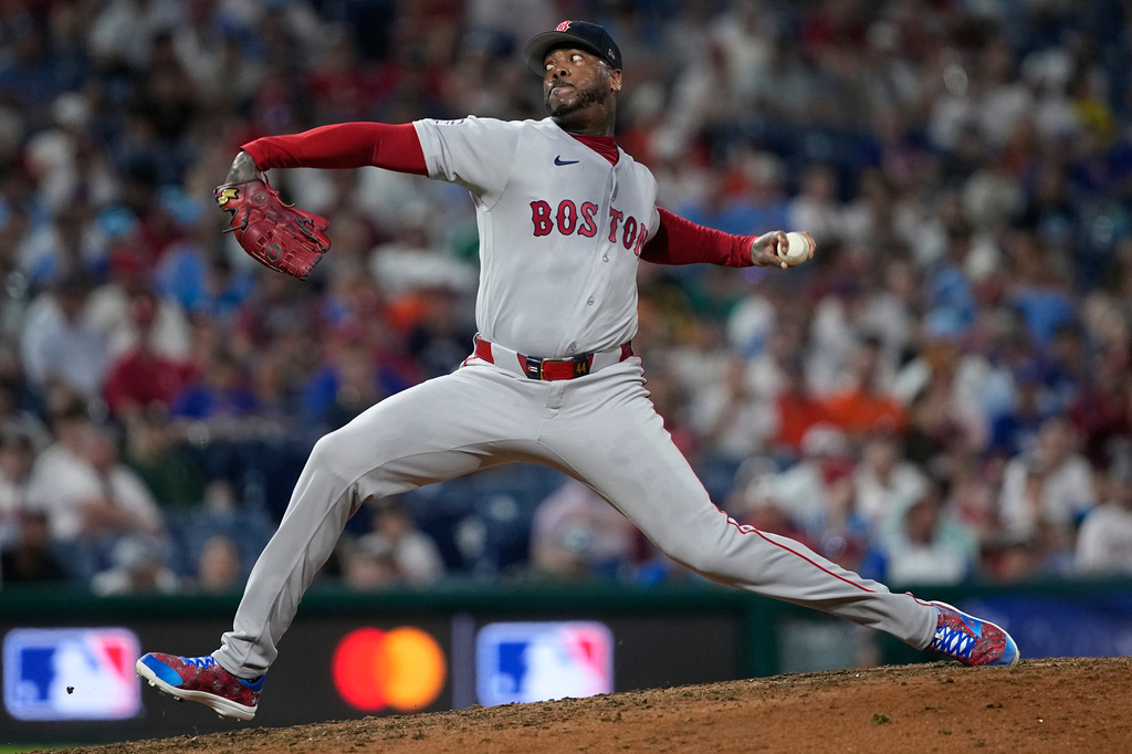 Boston Red Sox pitcher Aroldis Chapman throws in the ninth inning during the MLB baseball All-Star Game between the American League and National League, Tuesday, July 14, 2026, in Philadelphia. (AP Photo/Matt Slocum)